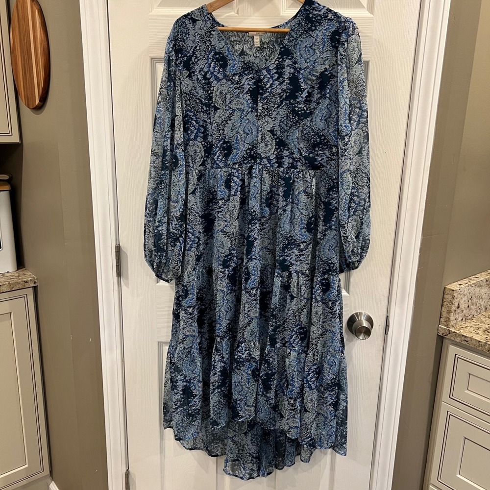 Joie Parisian Paisley Blue Tiered High Low Midi Dress Long Sleeve V-Neck Large